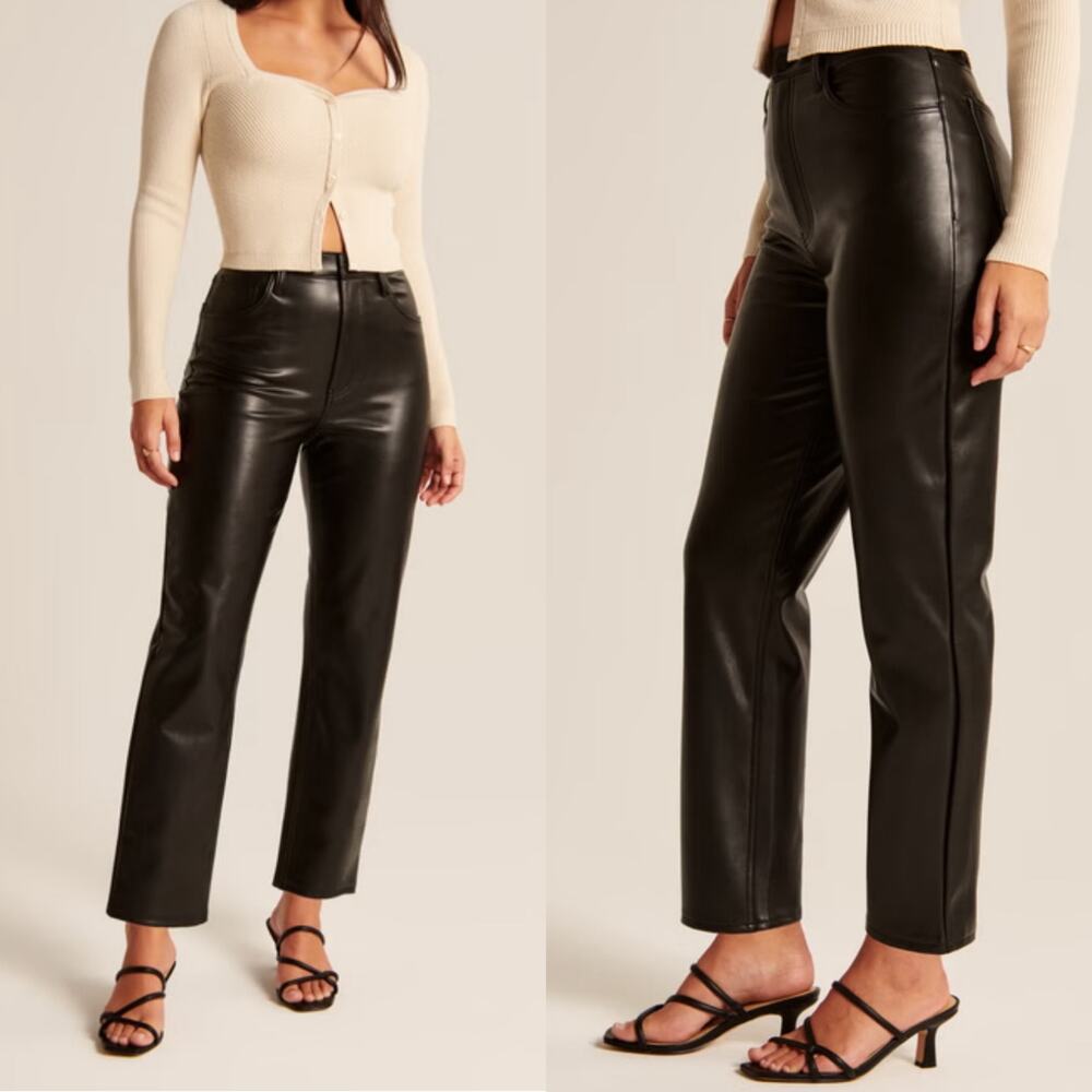 Abercrombie & Fitch Black Vegan Leather Ultra High Rise Ankle Straight Pant